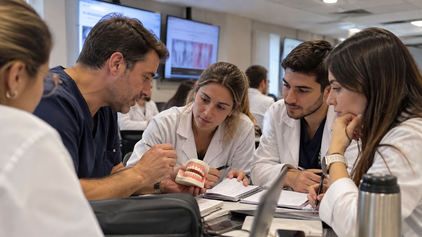 Docente trabajando con alumnos en la clínica